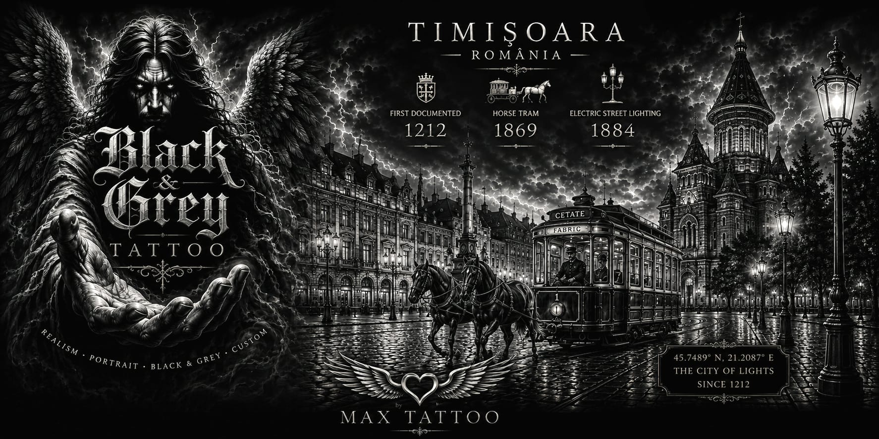 Black & Grey Tattoo by MAX TATTOO — brandets engel i en komposition inspireret af Timișoara