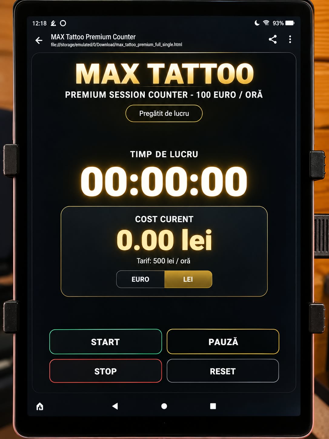 Tableta MAX TATTOO pentru afișarea timpului de lucru și a costului curent la tariful de 500 lei pe oră