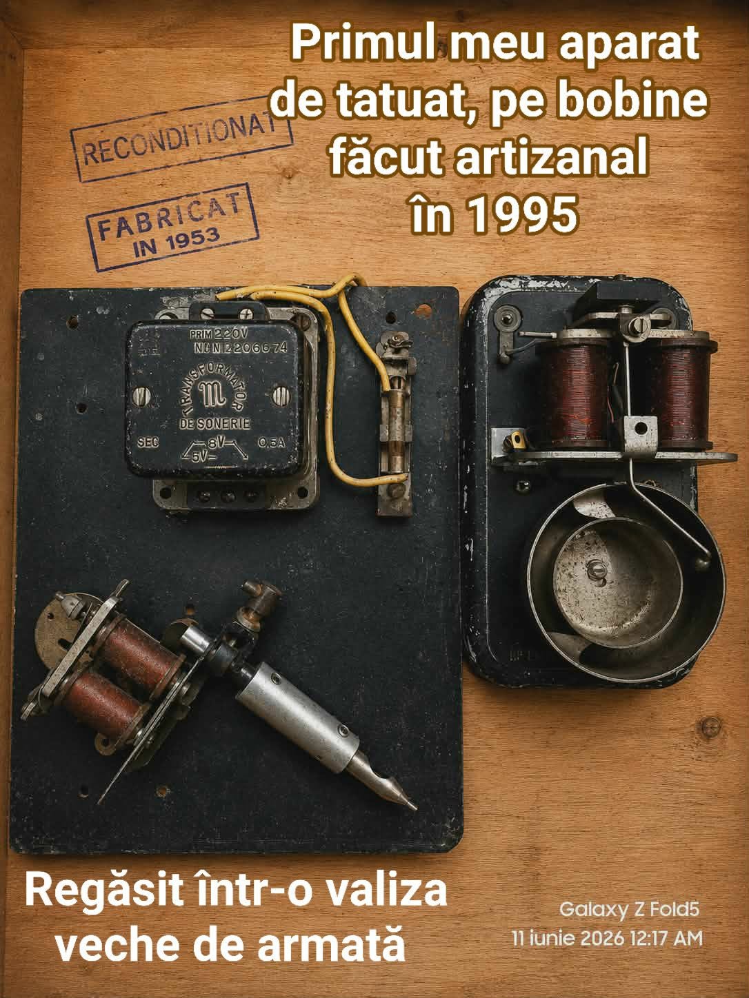 Primul aparat de tatuat al lui Florin, construit artizanal în 1995 și regăsit într-o valiză veche de armată