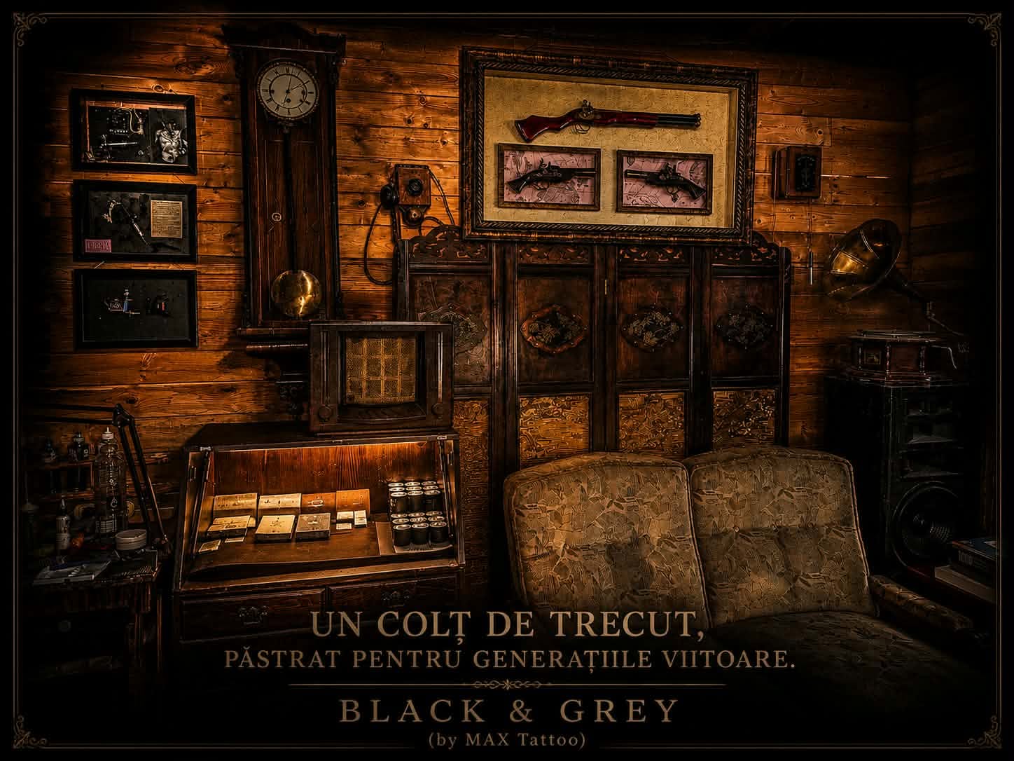 Colțul vintage al salonului Black & Grey by MAX TATTOO, cu mobilier și obiecte de colecție